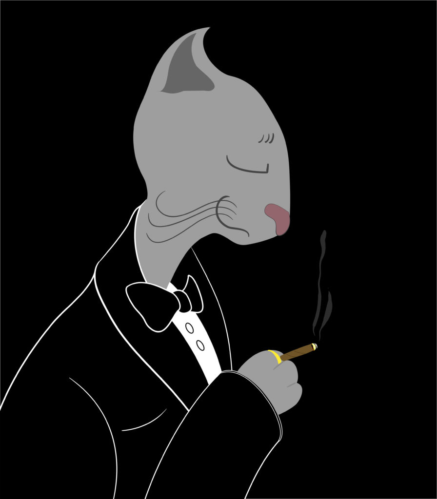 Illustration of gray cat smoking in formal attire. Marriage Cat Magazine marriage cat mag free subscription.
